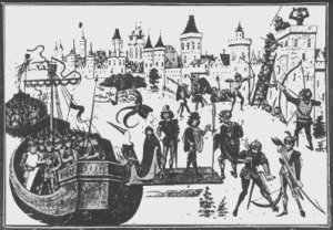 D&eacute;barquement d'un prince et de sa cour devant Bordeaux (miniature du XVe s.)